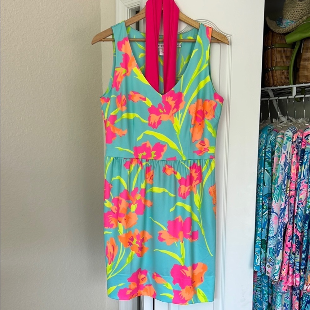 Gretchen Scott Designs Turquoise Dress with Pink and Orange Floral Pattern